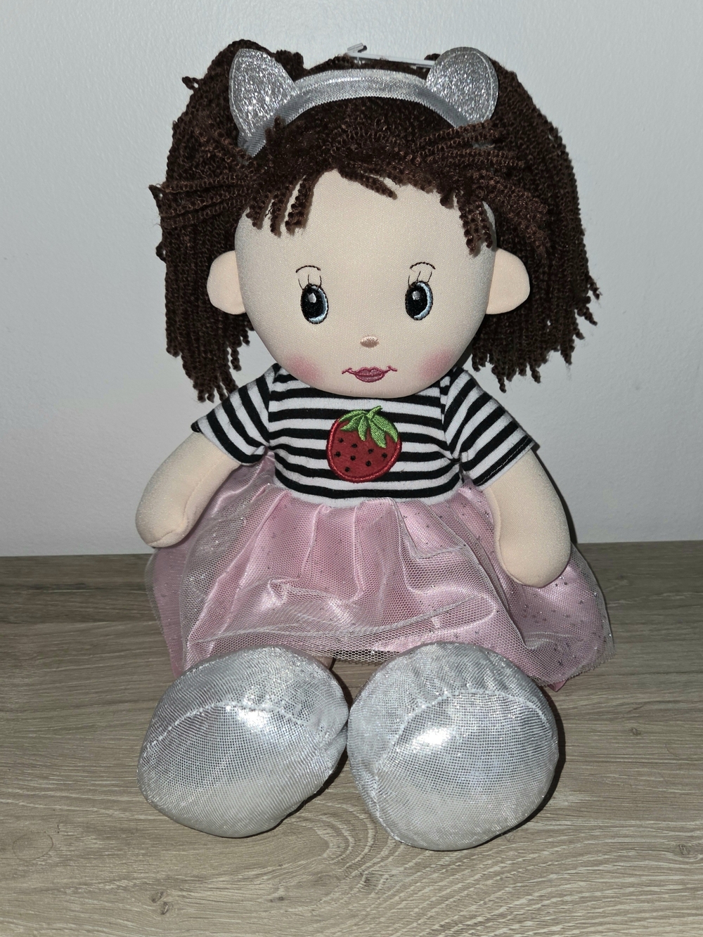 Linzy Plush Rag Doll with Brown Yarn Hair, Striped Shirt Strawberry Pink Tulle
